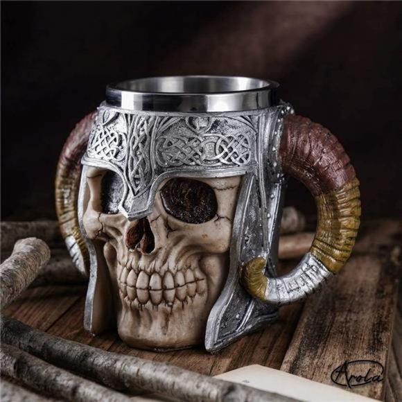 Stainless Steel Double Handle Horn Skull BeerCup,Viking Warrior SkullMug Tankard - Picture 2 of 6